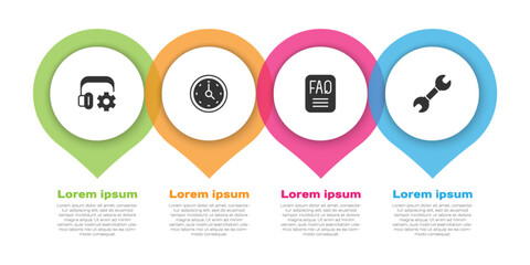 Poster - Set Headphoneswith settings, Clock, FAQ information and Wrench spanner. Business infographic template. Vector