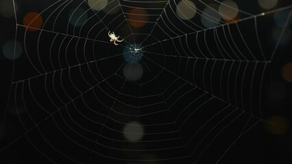 A spider weaves a web, the wind shakes it against the background of the river on a dark evening
