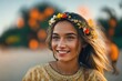 © Pictures Paradise - Portrait of beautiful woman smiling with crown flowers. Wearing wreath of flowers