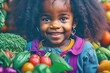 © Pictures Paradise - Happy little African American black girl with fruits.Portrait of a happy greengrocer standing in front of the vegetables.Grocery. Copy space text.