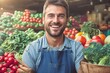 © Pictures Paradise - Portrait of a happy greengrocer standing in front of the vegetables. Happy attractive man owner in apron. Grocery. Copy space text. Ai generative