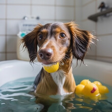 Dachshund Dog Taking A Bath With Yellow Rubber Duckies