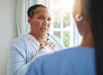 Wall Mural - Senior healthcare, trust and a black woman with a doctor for medicine communication and medical problem. Support, consulting and an elderly patient talking to a nurse at a nursing home about health