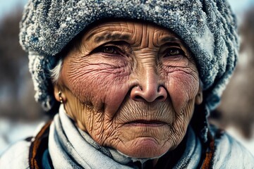 Senior inuit elderly woman at winter in snow. Ai generative