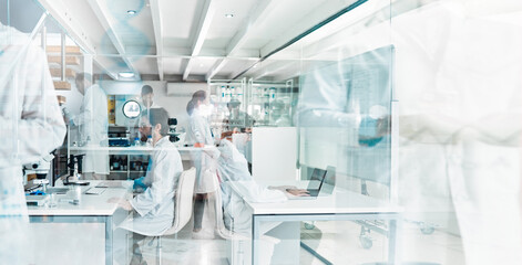 Poster - Scientist, double exposure and lab worker with medical research, working and chemistry analysis. Staff, science and laboratory for medicine pathology and innovation in a hospital and health clinic