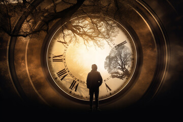 Wall Mural - Abstract concept of time passing by. Human silhouette and old clock representing past time. Turn back time concept. Melancholic mood. Generative AI