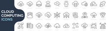 Set Of Line Icons Related To Cloud Computing, Cloud Services, Server, Cyber Security, Digital Transformation. Outline Icon Collection. Editable Stroke. Vector Illustration