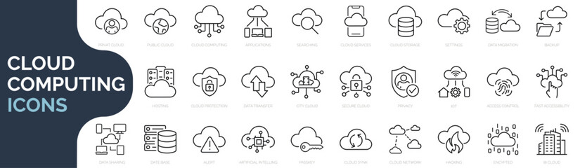 set of line icons related to cloud computing, cloud services, server, cyber security, digital transf