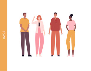 Wall Mural - Diversity and inclusion concept. Vector flat character illustration. Multi ethnic and different skin tone group of cheerful male and female people set. Design element