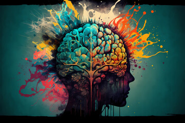 Wall Mural - An abstract concept of a colorful brain exploding with ideas