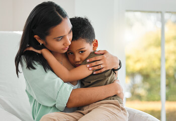 hug, sick and love with mother and son in bedroom for medical, illness and empathy. care, support an