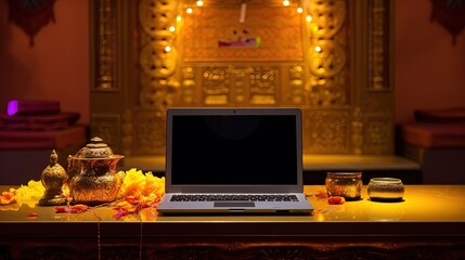 A Grey Laptop on Worship Place for Pray Generative AI Digital Technology.