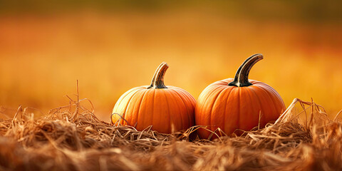 Two ripe pumpkins in straw, autumn background, Generative AI