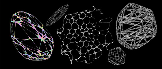 Geometry wireframe shapes and grids. Abstract, cyberpunk, 3D elements, backgrounds, patterns in trendy Brutalism style, neon color, 00s Y2k retro futuristic aesthetic
