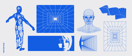 Geometry wireframe shapes and grids. Abstract, cyberpunk, 3D elements, backgrounds, patterns in trendy Brutalism style, neon color, 00s Y2k retro futuristic aesthetic
