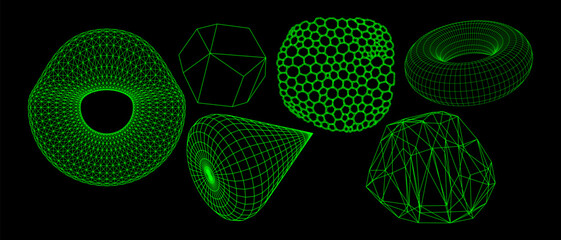 Geometry wireframe shapes and grids. Abstract, cyberpunk, 3D elements, backgrounds, patterns in trendy Brutalism style, neon color, 00s Y2k retro futuristic aesthetic