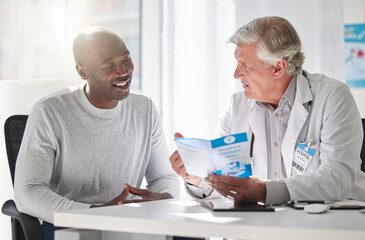 Poster - Brochure, consulting and help with doctor and patient for medical, life insurance or results. Medicine, healthcare and learning with men and pamphlet in hospital for support, communication and advice