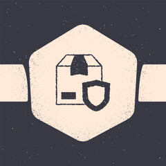 Sticker - Grunge Delivery security with shield icon isolated on grey background. Delivery insurance. Insured cardboard boxes beyond the shield. Monochrome vintage drawing. Vector