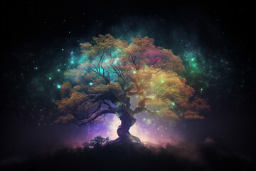 Wall Mural - Fantasy, sci-fi, nature, state of mind concept. Colorful glowing with star dust tree of life in cosmic space background. Generative AI