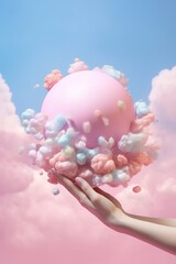 Wall Mural - Female hand holding a beautiful pink balloon and colorful cotton puffs. Generated AI.