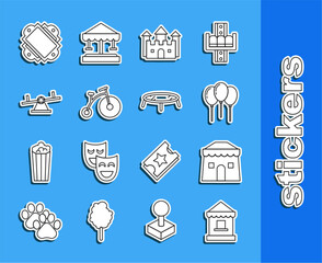 Sticker - Set line Ticket box office, Circus tent, Balloons with ribbon, Castle, Vintage bicycle one big wheel and one small, Seesaw, and Jumping trampoline icon. Vector