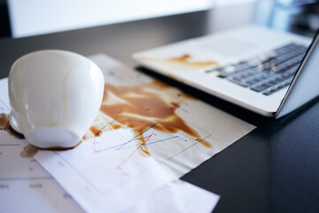 Poster - Laptop, documents and coffee spill, mistake or accident in empty office workplace interior. Computer, spilling tea and business paperwork, graphs or charts, tech damage and error, problem or clumsy.