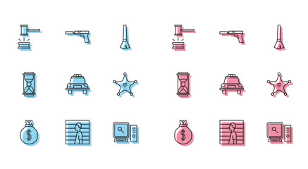 Wall Mural - Set line Money bag, Suspect criminal, Judge gavel, Search computer screen, Police car and flasher, Hexagram sheriff, Old hourglass with sand and Pistol or gun silencer icon. Vector
