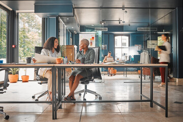 Business women, designer team and office with planning and diversity at a design company. Management, working and female staff in a conversation and meeting for teamwork and strategy in workplace