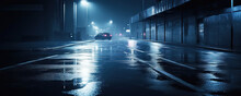Escape Car. Midnight Road Or Alley With A Car Driving Away In The Distance.  Wet Hazy Asphalt Road Or Alley. Crime, Midnight Activity Concept. Hand Edited Generative AI. 