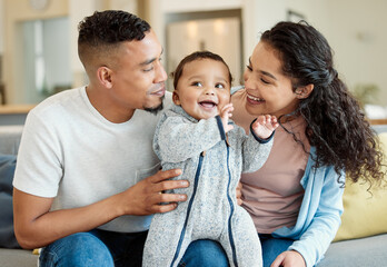smile, family and baby in home living room, bonding and having fun in house. father, mother and newb