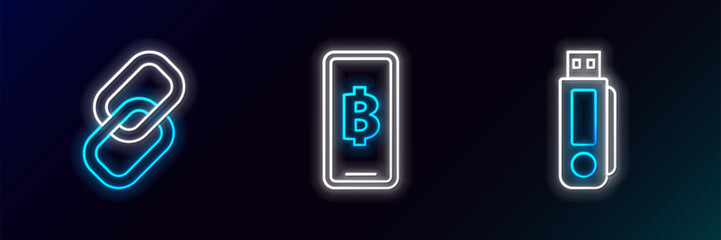 Canvas Print - Set line USB flash drive, Chain link and Phone mobile and cryptocurrency coin Bitcoin icon. Glowing neon. Vector