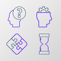 Poster - Set line Old hourglass with flowing sand, Piece of puzzle, Human gear inside and head question mark icon. Vector