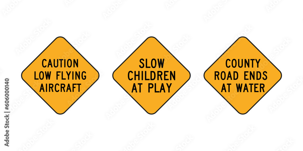 Flight Risk Child Sign USA yellow road sign. Caution low flying aircraft. Slow children at ...