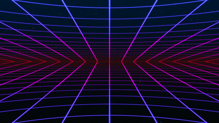 Poster - Abstract retro synthwave grid loop animation background 3d render. Looping grid motion design with particles moving away from the screen. 3d render.