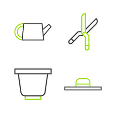 Sticker - Set line Worker hat, Flower pot, Gardening handmade scissors and Watering can icon. Vector