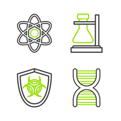 Sticker - Set line DNA symbol, Biohazard on shield, Test tube flask stand and Atom icon. Vector