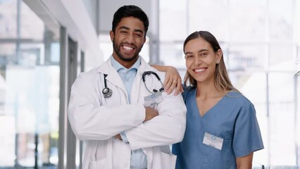 Poster - Face, medical doctors and laughing for teamwork in hospital, healthcare management and clinic services. Portrait of happy man, woman and employees in collaboration of integrity, motivation and trust