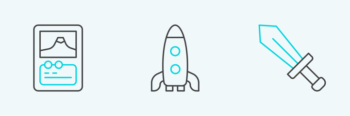 Poster - Set line Sword for game, Card and Rocket ship icon. Vector