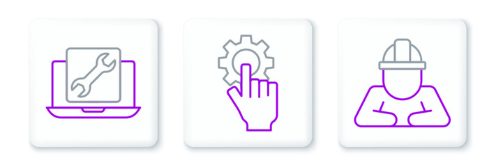 Poster - Set line Builder, Laptop service and Settings in the hand icon. Vector