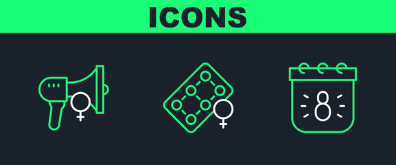 Sticker - Set line Calendar with 8 March, Feminist activist and Packaging of birth control pills icon. Vector