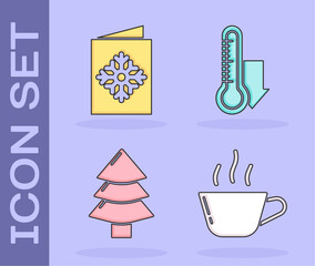 Wall Mural - Set Coffee cup, Christmas postcard, Christmas tree and Meteorology thermometer measuring icon. Vector