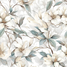 Floral Seamless Pattern With White Flowers. Botanical Background. AI Illustration. For Wallpaper, Prints, Fabric Design, Wrapping paper, Surface Textures, Digital paper.