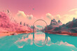 Panoramic aerial scenery skyscape with golden arch and water tower, futuristic geometric abstraction, light cyan and pink, mountainous vistas, circular shapes, generative ai