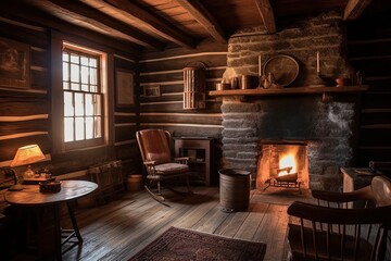 Rustic cabin-inspired room with  window, cozy fireplace and log cabin walls. Generative AI.