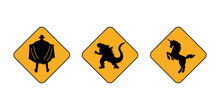 Funny Yellow USA Road Sign. Godzilla Crossing Sign. Unicorn Crossing Sign. Caution Exhibitionist Sign.