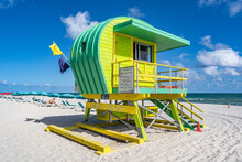 Miami Beach, USA - December 8, 2022. View Of Classic Colored Art Deco Lifeguard Tower In South Miami Beach