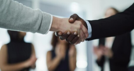 Sticker - Teamwork, handshake and hands of business people for partnership, deal agreement and working together. Collaboration, corporate office and men and women shaking hand, applause and celebrate success