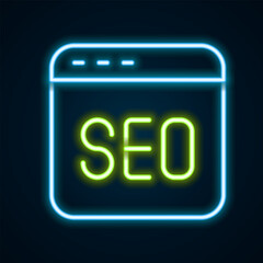 Canvas Print - Glowing neon line SEO optimization icon isolated on black background. Colorful outline concept. Vector