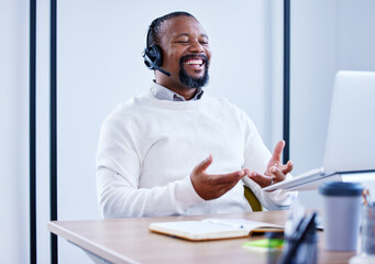 Poster - Laptop, call center agent and funny black man in office for customer service. Happy, contact us and African male sales consultant, telemarketing employee or consulting for tech support, crm or advice