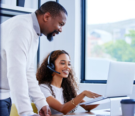 Poster - Coaching, teamwork and people in call center with laptop for customer service. Telemarketing, computer and black man training woman, intern or sales agent, consultant and collaboration with a smile.